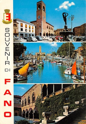 Cartolina Fano 3 vedute paese mare barche porticciolo (Pesaro)