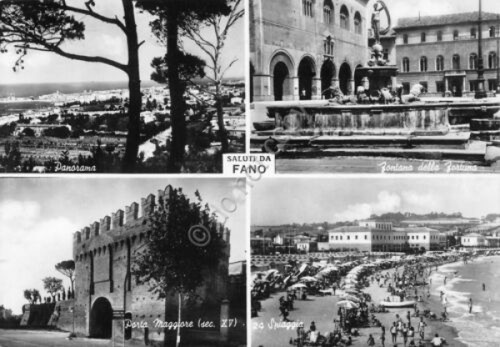 Cartolina Fano vedute varie 1957 (Pesaro)