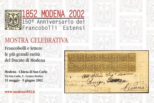 Cartolina filatelica 150° Anniversario Francobolli Estensi Modena 2002