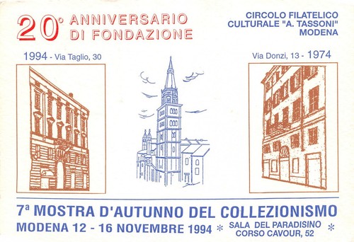 Cartolina filatelica Circolo Filatelico Culturale A.Tassoni Modena 1994