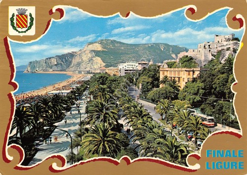 Cartolina Finale Ligure Grafica 1974 passeggiata palme spiaggia stemma