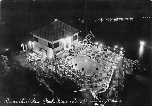 Cartolina Finale Ligure La Marinella dall'alto Notturno 1956