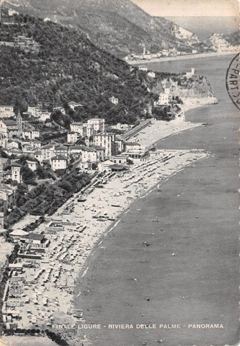 Cartolina Finale Ligure panorama aereo spiaggia 1951