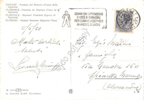 Cartolina Firenze Fontana di Nettuno Timbro a targhetta apprendistato 1958