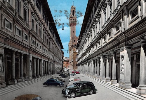 Cartolina Firenze palazzo degli Uffizi auto d'epoca 1958