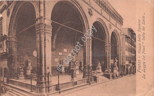 Cartolina Firenze Piazza della Signoria Loggia dei Priori 1914