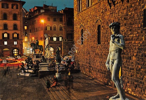 Cartolina Firenze Piazza Signoria 1970 particolare con statue notturno