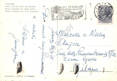 Cartolina Firenze Ponte Vecchio notturno timbro targhetta Buoni del Tesoro …