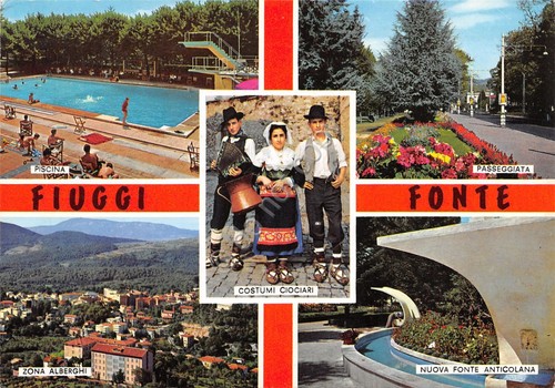Cartolina Fiuggi Fonte 5 vedute piscina costumi passeggiata alberghi (Frosinone)
