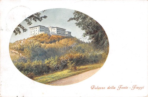 Cartolina Fiuggi Palazzo della Fonte panorama ovale illustrata 1916