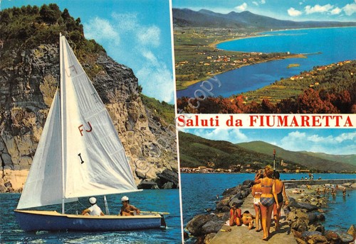 Cartolina Fiumaretta 3 vedute barca a vela animata (La Spezia)