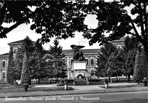 Cartolina Fontanellato Scuole Comunali e monumento