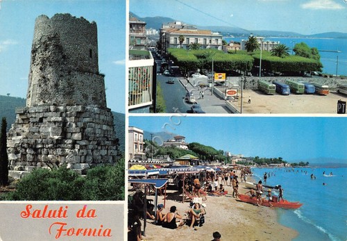 Cartolina Formia vedute varie spiaggia deposito bus (Latina)