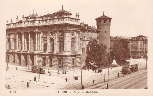 Cartolina fotografica Torino Palazzo Madama Ed. Diena animata tram