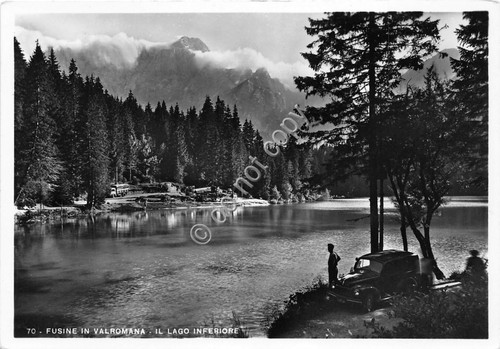 Cartolina Fusine in Valromana Lago inferiore animata auto d'poca (Udine)