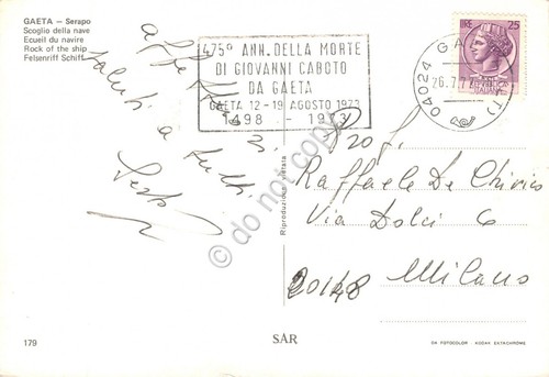 Cartolina Gaeta Serapo timbro a targhetta Anniversario Caboto da Gaeta …