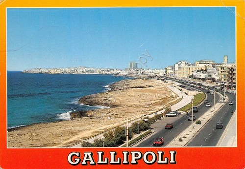 Cartolina Gallipoli panorama lungomare e spiaggia grinza al timbro