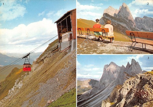 Cartolina Geislerspitze Gaislergruppe Seilbahnstation Saceda animata 3 vedute