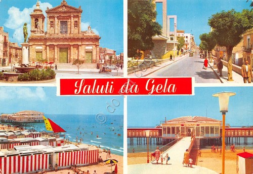 Cartolina Gela vedute varie spiaggia stabilimento balneare città