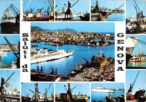 Cartolina Genova 13 vedute porto barche navi
