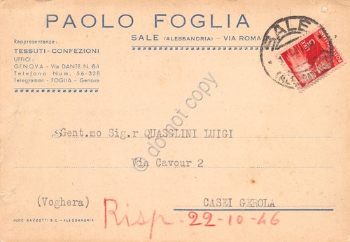 Cartolina Genova Cartoncino Paolo Foglia Tessuti confezioni 1946