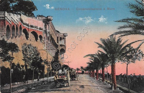 Cartolina Genova Circonvallazione a mare carri illustrata