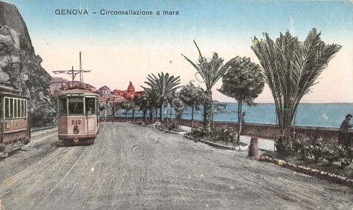Cartolina Genova Circonvallazione a mare tram illustrata
