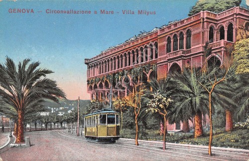 Cartolina Genova Circonvallazione a Mare Villa Milyus tram illustrata
