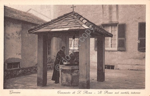 Cartolina Genova Convento S. Anna Pozzo cortile interno Frate animata