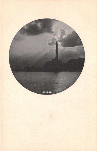 Cartolina Genova Faro in un cerchio su base bianca Ed. …
