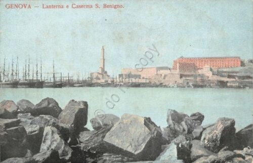 Cartolina Genova Lanterna e Caserma San Benigno illustrata