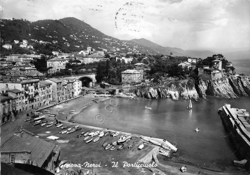 Cartolina Genova Nervi porticciolo Spiaggia dall'alto 1957