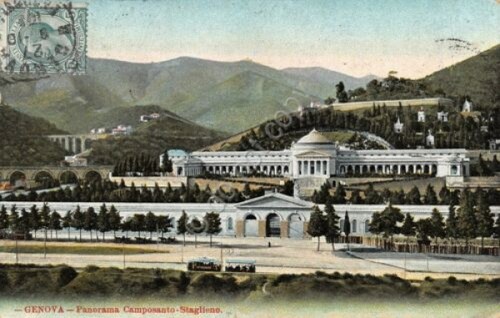 Cartolina Genova Panorama Camposanto Staglieno illustrata anni 10