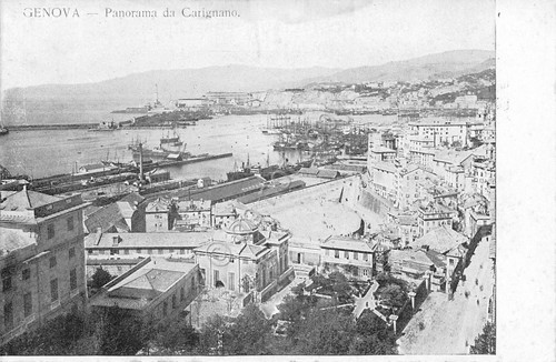 Cartolina Genova Panorama da Carignano porto navi ingiallita in alto