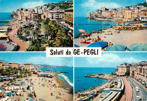 Cartolina Genova Pegli vedute spiaggia e strada lungomare
