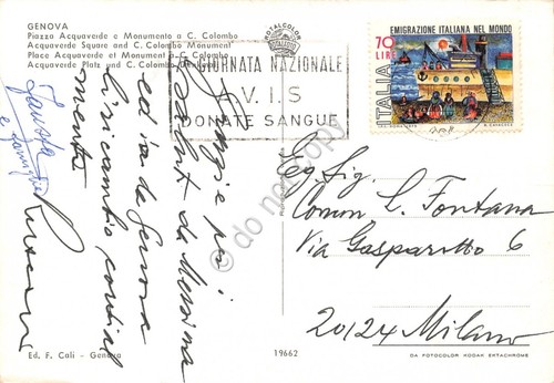 Cartolina Genova Piazza Acquaverde Hotel Colombia timbro a targhetta AVIS