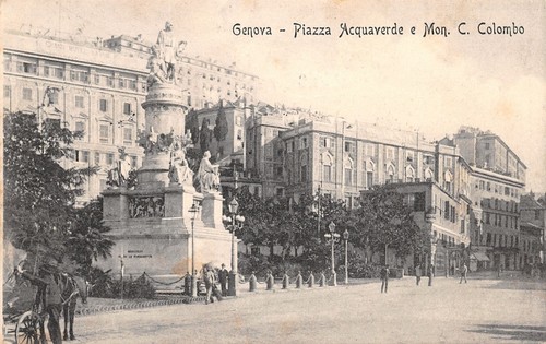Cartolina Genova Piazza Acquaverde Monumento a Colombo animata 1910