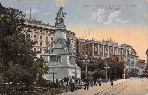 Cartolina Genova Piazza Acquaverde Monumento a Colombo Timbro Pensione Bellevue