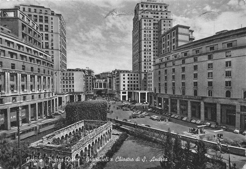 Cartolina Genova Piazza Dante Grattacieli Chiostro S. Andrea 1957