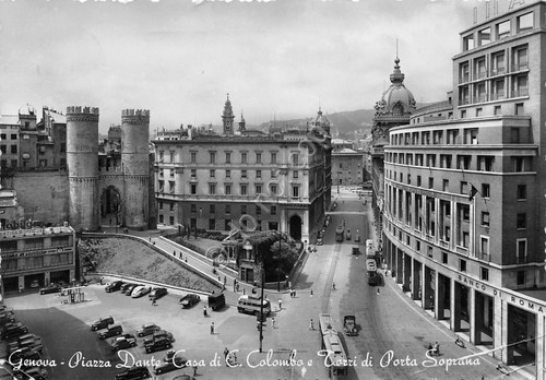 Cartolina Genova Piazza Dante timbro targhetta dichiarazione redditi 1954