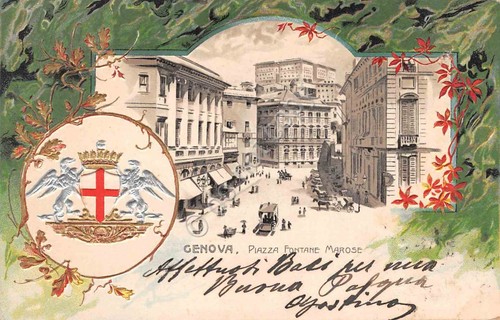 Cartolina Genova Piazza Fontane Marose Stemma in rilievo liberty illustrata …