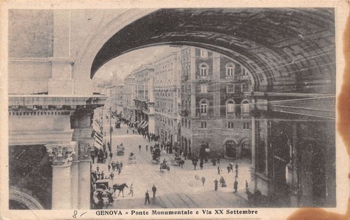 Cartolina Genova Ponte Monumentale e via XX Settembre animata carrozza …
