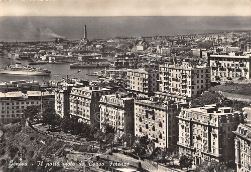Cartolina Genova porto visto da Corso Firenze 1951 timbro stradale