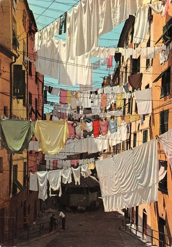 Cartolina Genova San Brigida Trogoli bucato steso per strada 1961