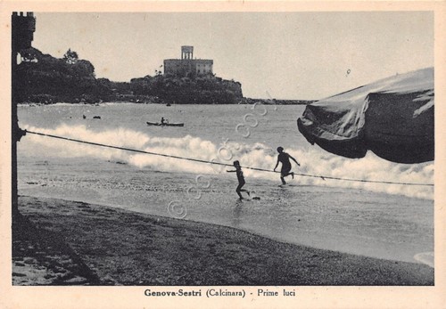 Cartolina Genova Sestri Calcinara spiaggia e panorama parziale