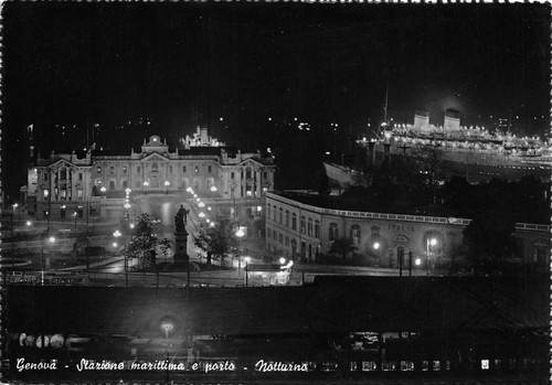Cartolina Genova Stazione marittima e porto Notturno anni '50