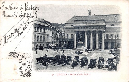 Cartolina Genova Teatro Carlo Felice auto d'epoca animata primi '900
