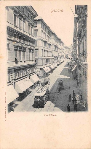 Cartolina Genova Via Roma tram animata ed Modiano