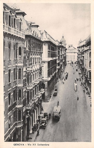 Cartolina Genova Via XX Settembre animata auto d'epoca anni '30