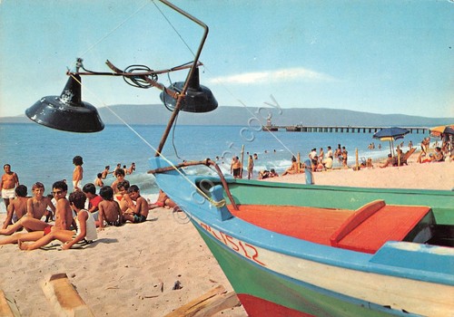 Cartolina Gioia Tauro Spiaggia e pontile 1979 animata bambini
